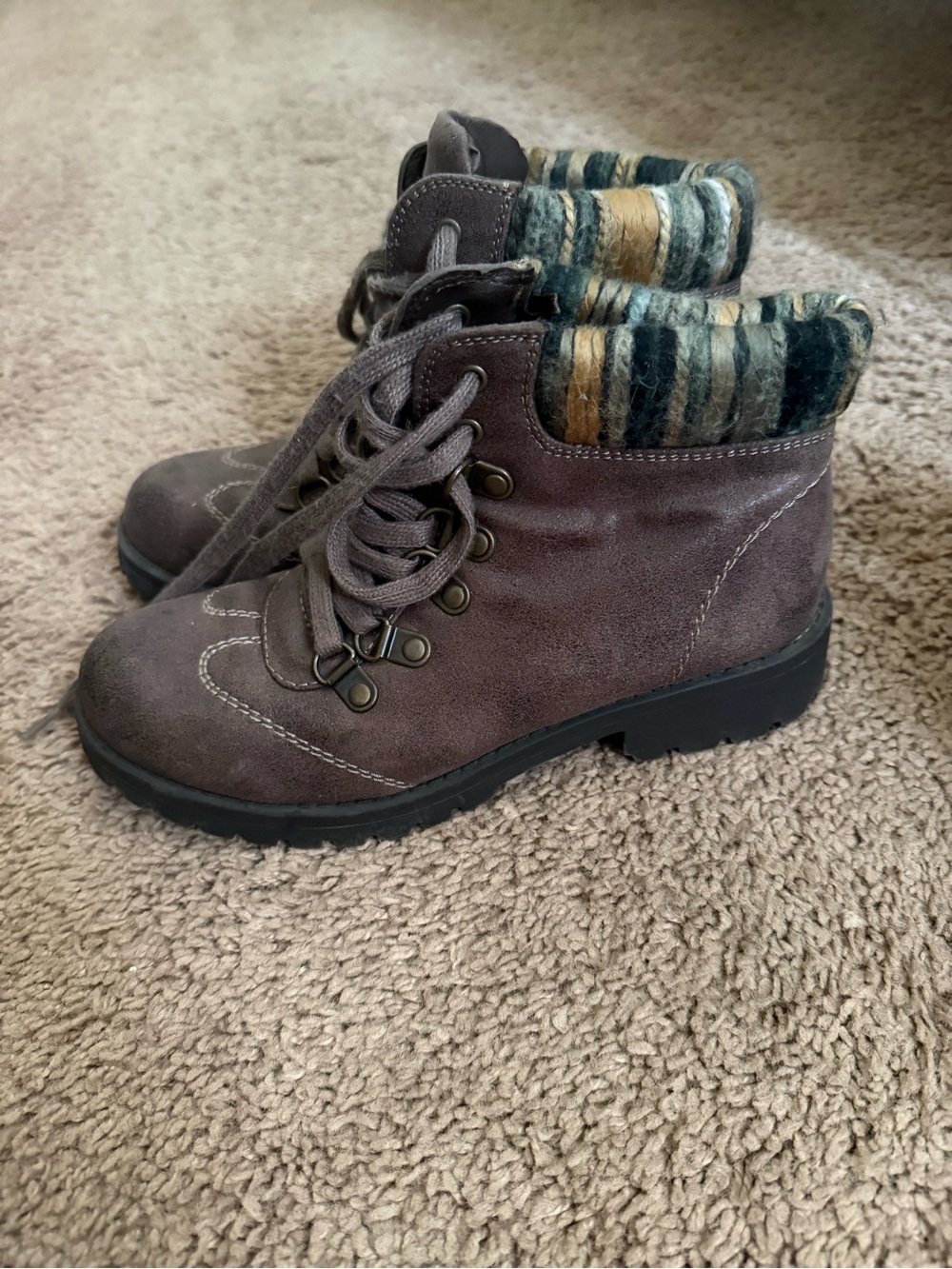 Gray Suede Lace-Up Ankle Boots with Striped Knit Cuff